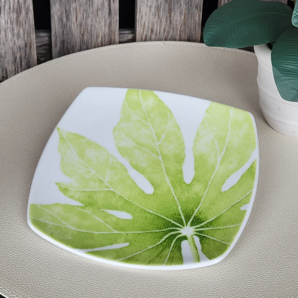Crate & Barrel Green Leaf Design Square Plate